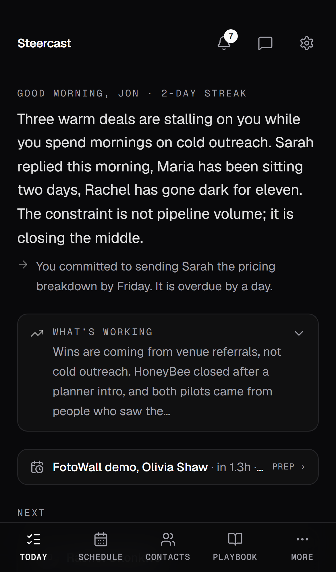 The Steercast morning brief on a phone: the strategic read, the one move that matters most, and the next call, drafts ready.